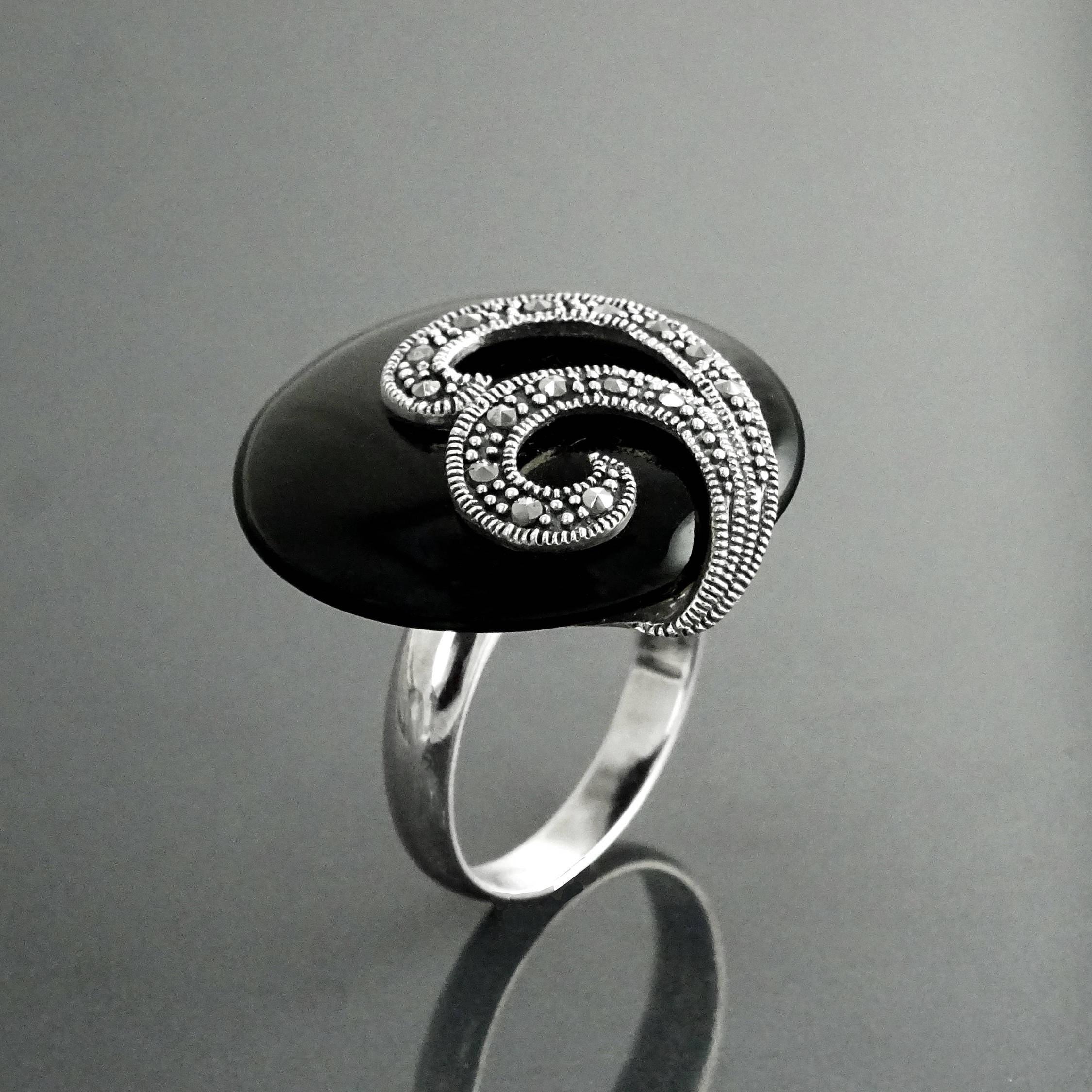Art Deco Black Onyx Ring, Sterling Silver, Marcasite Stones, Roaring Twenties Inspired Jewelry