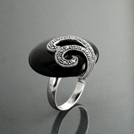Art Deco Black Onyx Ring, Sterling Silver, Marcasite Stones, Roaring Twenties Inspired Jewelry
