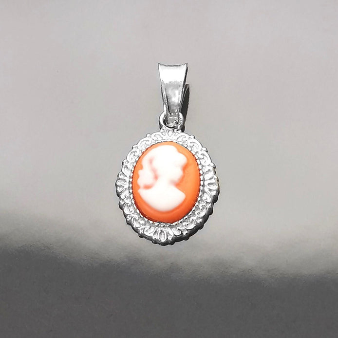 Red Cameo Pendant - Sterling Silver Red and white Resin stone - woman face portrait cameo - Vintage necklace charm - Victorian Jewelry gift
