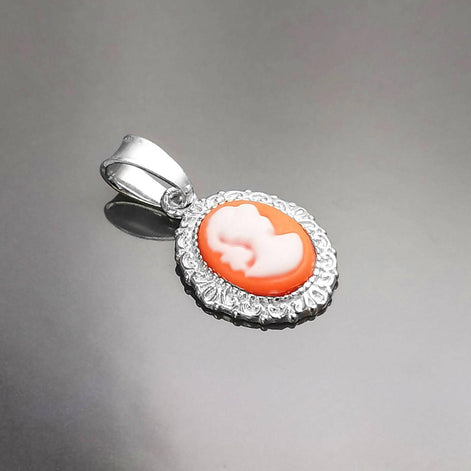 Red Cameo Pendant - Sterling Silver Red and white Resin stone - woman face portrait cameo - Vintage necklace charm - Victorian Jewelry gift