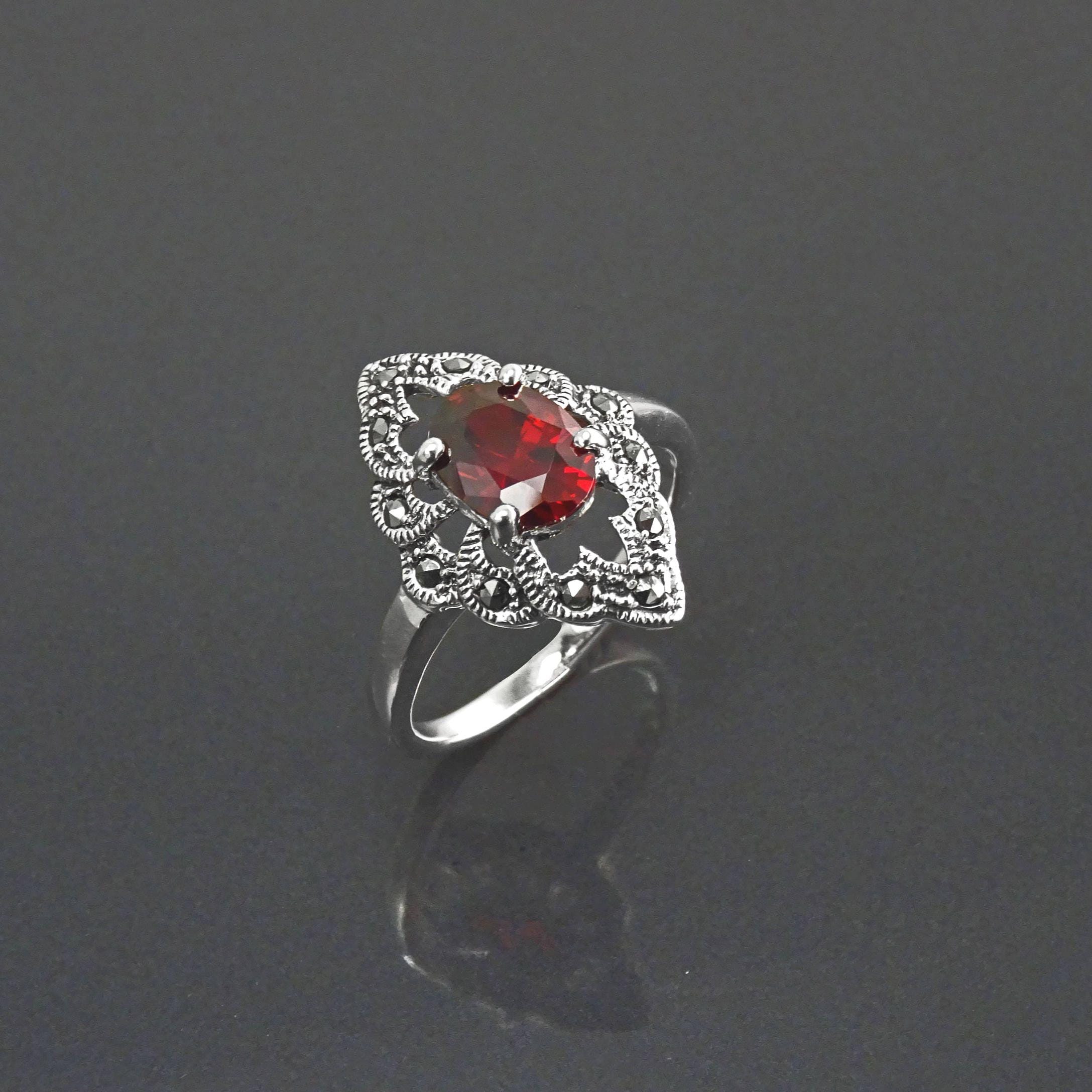 Garnet Marcasite Ring, Sterling Silver, Vintage Marquise Ring, Lab Red Garnet Simulant, Retro Red Stone Rings, Women's Gifts