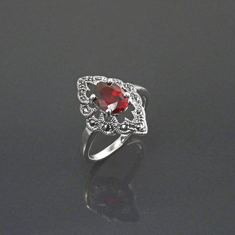 Garnet Marcasite Ring, Sterling Silver, Vintage Marquise Ring, Lab Red Garnet Simulant, Retro Red Stone Rings, Women's Gifts