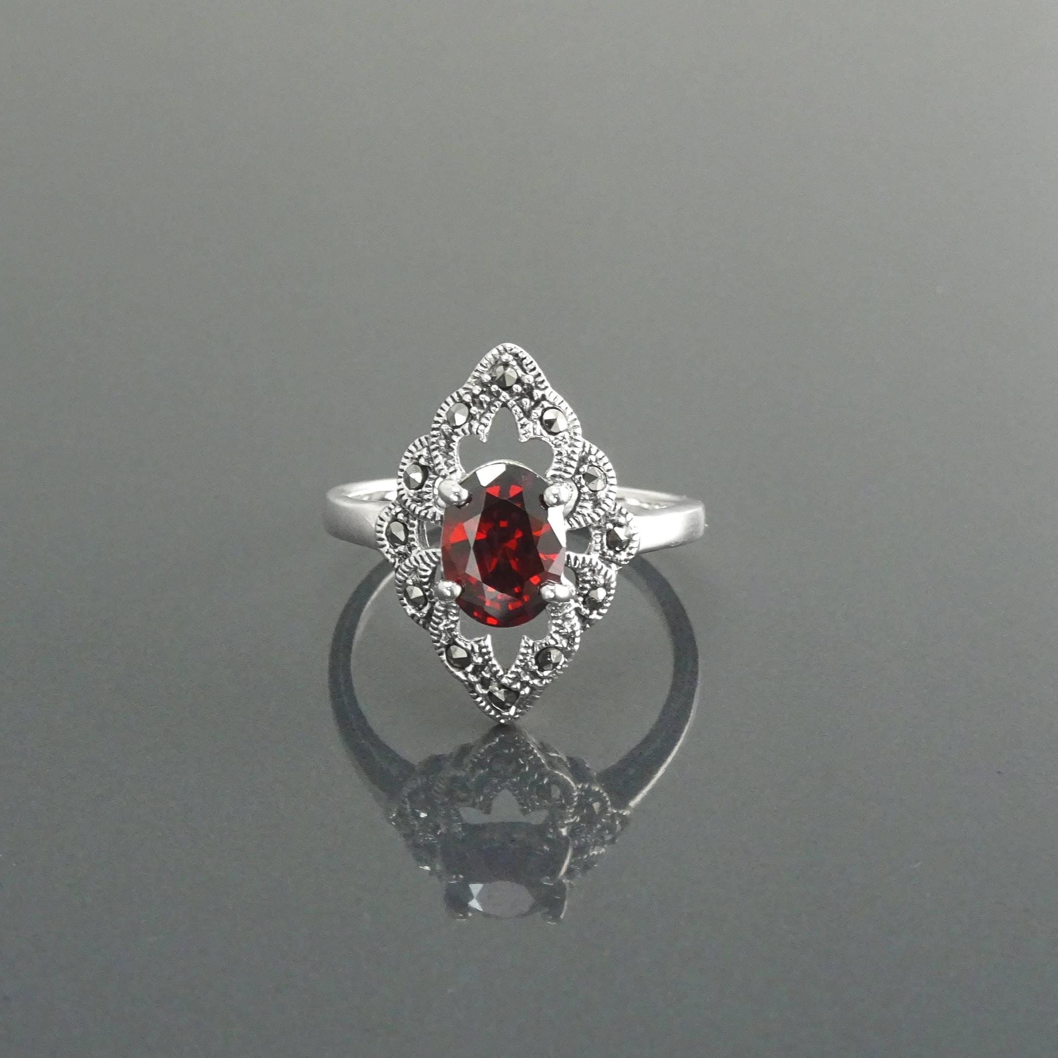 Garnet Marcasite Ring, Sterling Silver, Vintage Marquise Ring, Lab Red Garnet Simulant, Retro Red Stone Rings, Women's Gifts