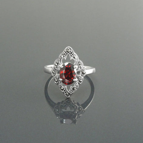 Garnet Marcasite Ring, Sterling Silver, Vintage Marquise Ring, Lab Red Garnet Simulant, Retro Red Stone Rings, Women's Gifts