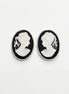 Cameo Earrings - Sterling Silver black and white oval resin stone - woman face portrait cameo - Vintage Victorian Jewelry - Studs Earrings