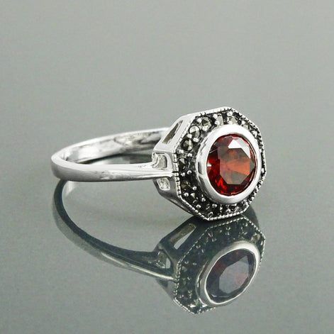 Vintage Red Ring, Sterling Silver, Octagonal Marcasite Stones Ring, Garnet Color Stone (Cz), Dainty Retro Red Stone Rings, Medieval Jewelry