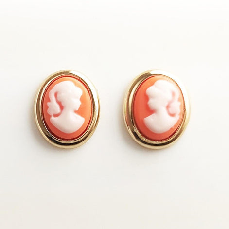 Vintage Cameo Earrings – 18K Gold Plated, Red Resin Woman Portrait, Victorian Studs