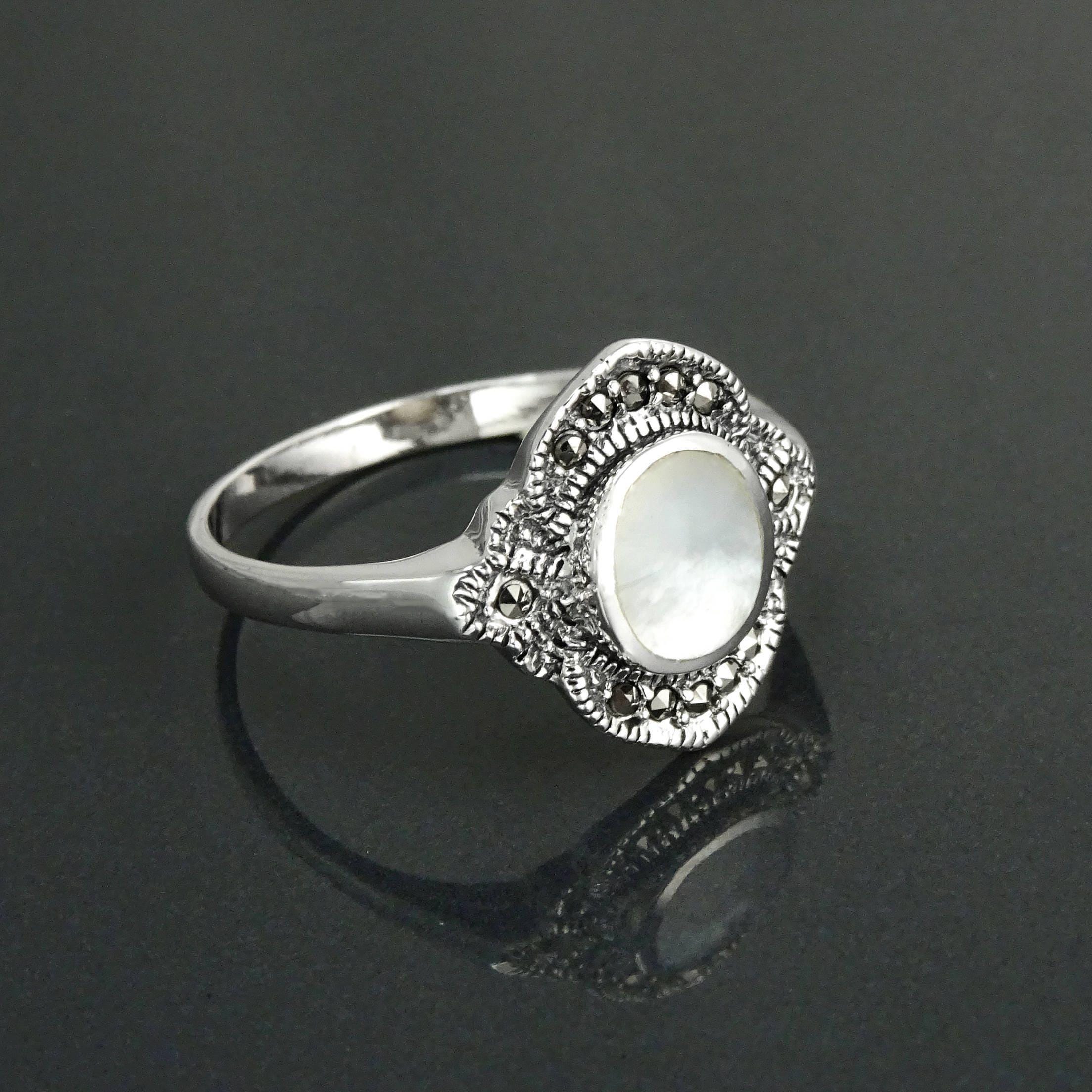 Dainty Vintage Ring, Sterling Silver, Small Art Deco Marcasites Ring, Oval GENUINE Mother of Pearl, Reissued Antique Retro Inspired Jewelry