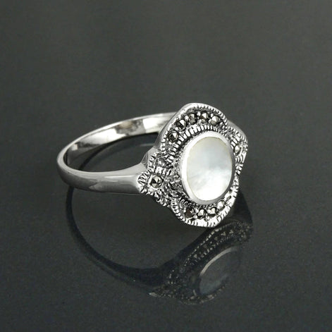 Dainty Vintage Ring, Sterling Silver, Small Art Deco Marcasites Ring, Oval GENUINE Mother of Pearl, Reissued Antique Retro Inspired Jewelry