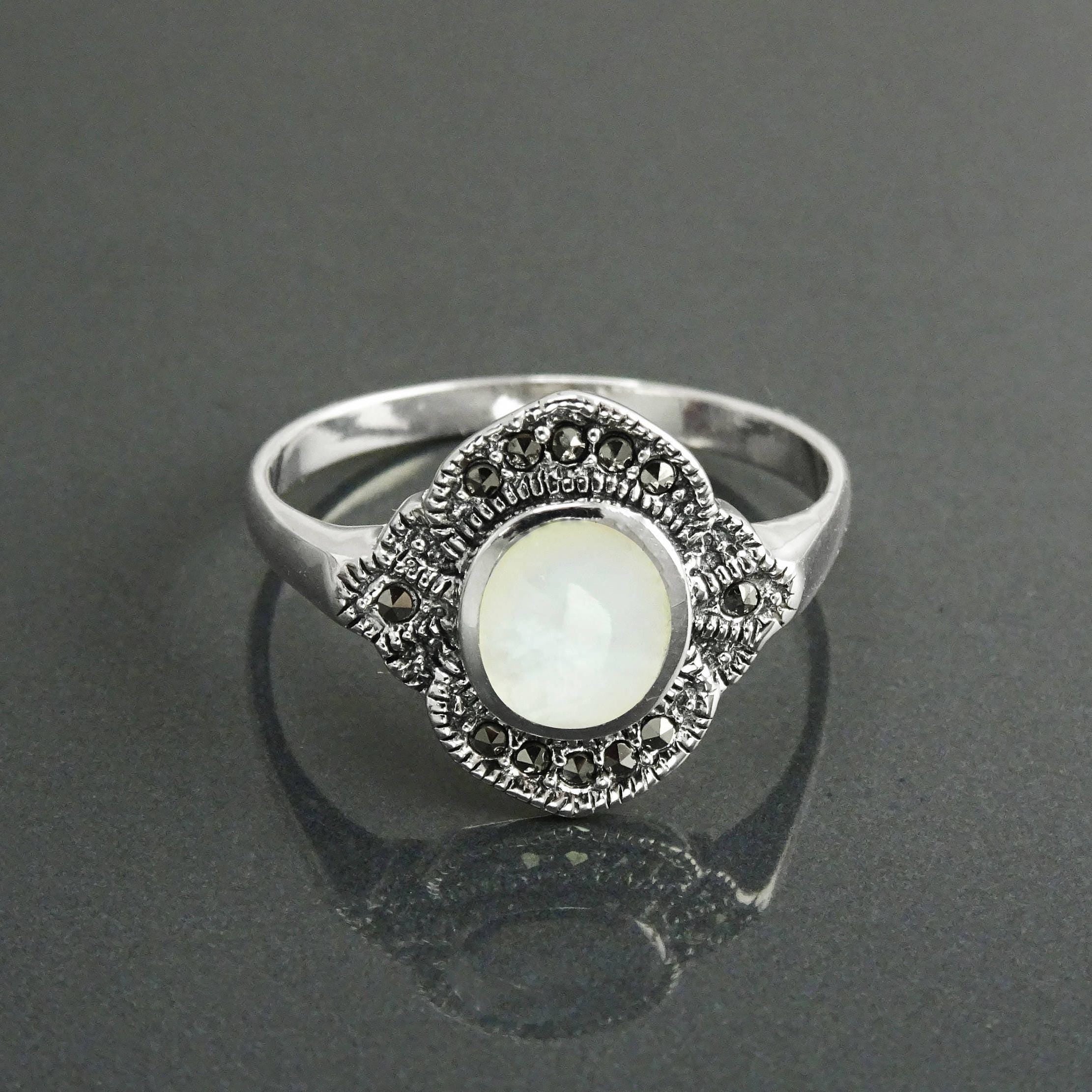 Dainty Vintage Ring, Sterling Silver, Small Art Deco Marcasites Ring, Oval GENUINE Mother of Pearl, Reissued Antique Retro Inspired Jewelry