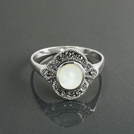Dainty Vintage Ring, Sterling Silver, Small Art Deco Marcasites Ring, Oval GENUINE Mother of Pearl, Reissued Antique Retro Inspired Jewelry