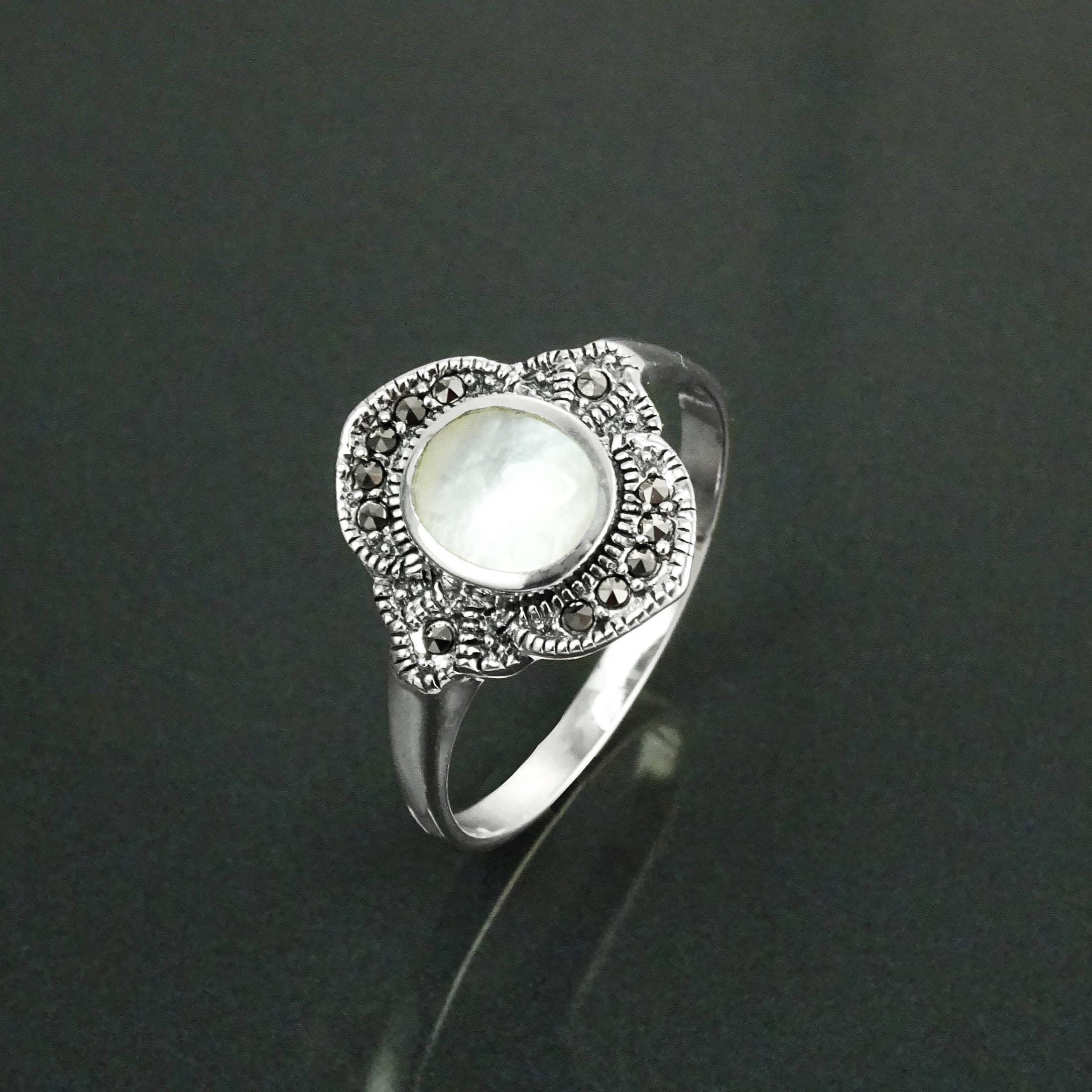 Dainty Vintage Ring, Sterling Silver, Small Art Deco Marcasites Ring, Oval GENUINE Mother of Pearl, Reissued Antique Retro Inspired Jewelry