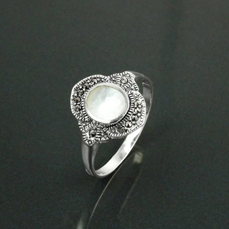 Dainty Vintage Ring, Sterling Silver, Small Art Deco Marcasites Ring, Oval GENUINE Mother of Pearl, Reissued Antique Retro Inspired Jewelry