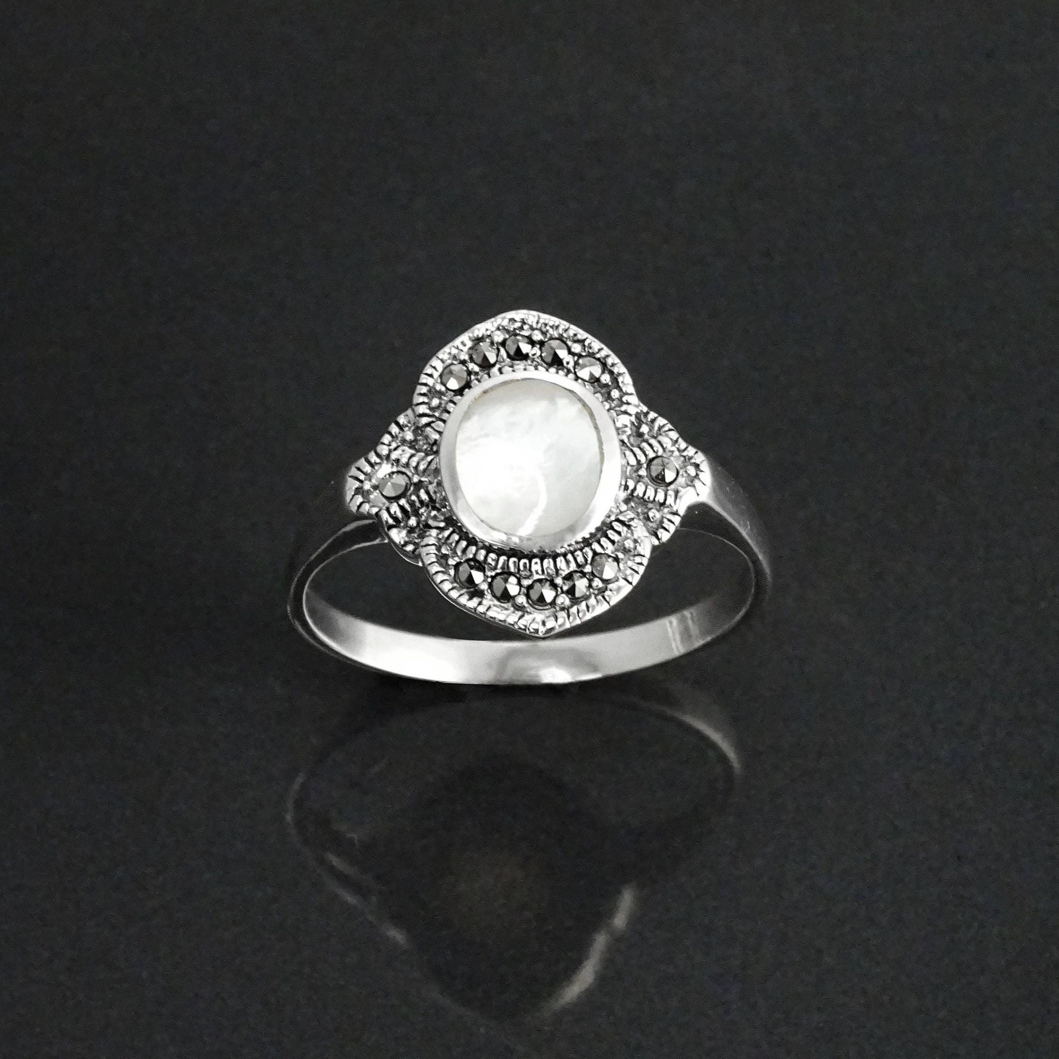 Dainty Vintage Ring, Sterling Silver, Small Art Deco Marcasites Ring, Oval GENUINE Mother of Pearl, Reissued Antique Retro Inspired Jewelry