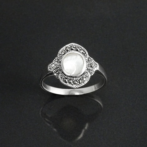 Dainty Vintage Ring, Sterling Silver, Small Art Deco Marcasites Ring, Oval GENUINE Mother of Pearl, Reissued Antique Retro Inspired Jewelry