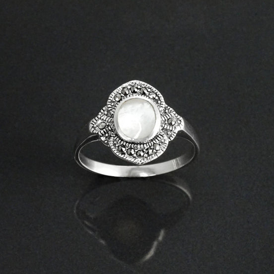 Dainty Vintage Ring, Sterling Silver, Small Art Deco Marcasites Ring, Oval GENUINE Mother of Pearl, Reissued Antique Retro Inspired Jewelry