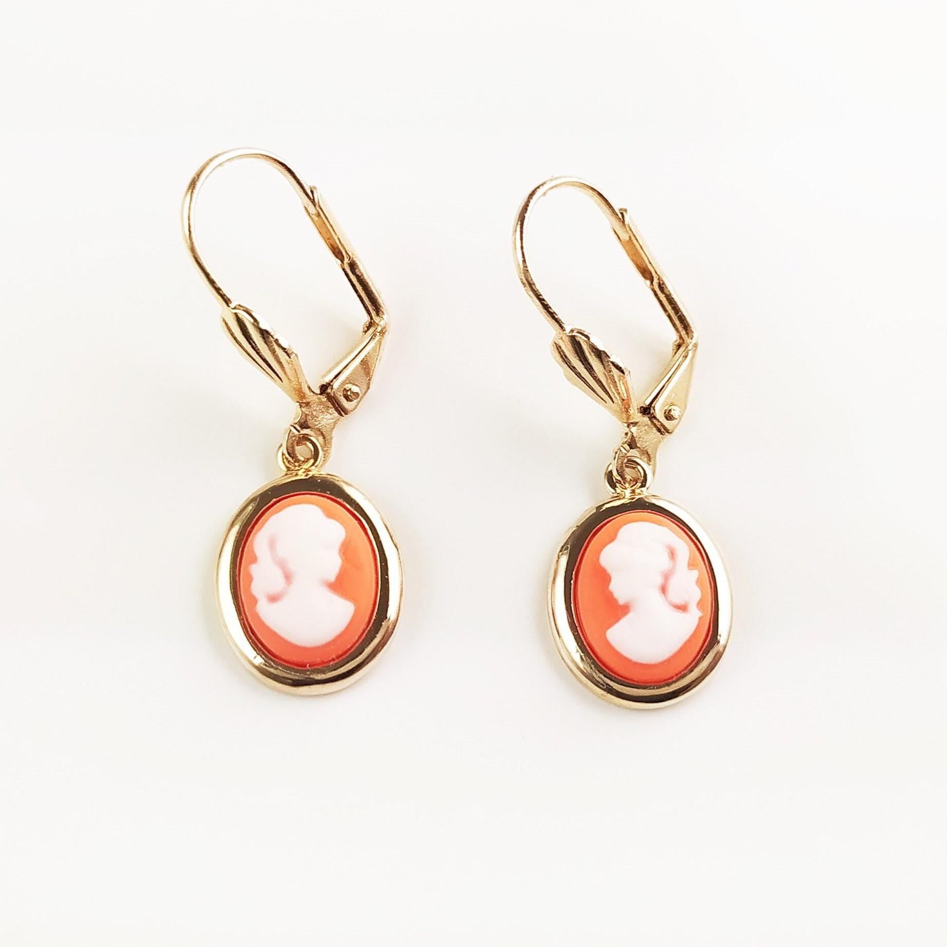 Cameo Earrings – Victorian Woman Portrait, Red Resin Stone 18K gold-plated Jewelry