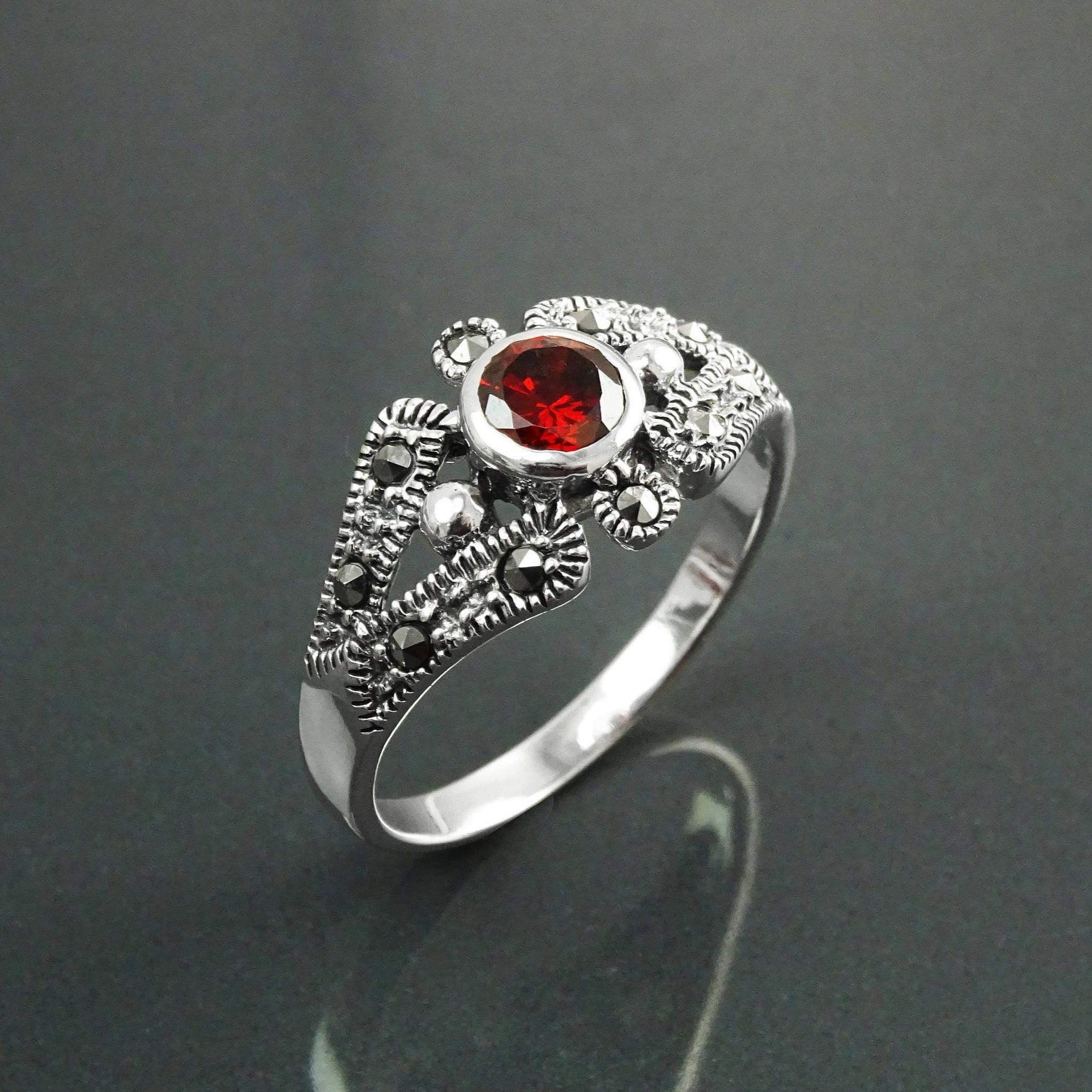 Art Deco Sterling Silver Garnet Marcasite Ring, Vintage Reissue Jewelry