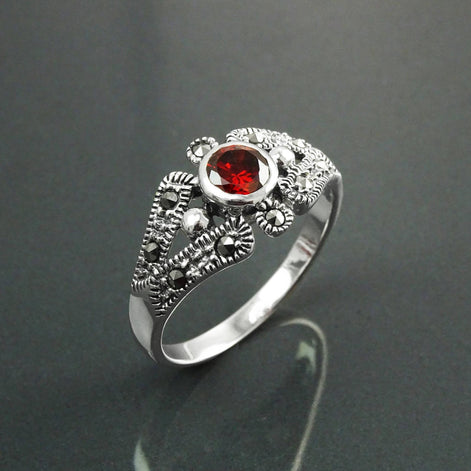 Art Deco Sterling Silver Garnet Marcasite Ring, Vintage Reissue Jewelry
