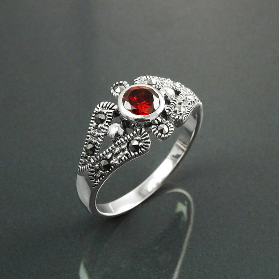 Art Deco Sterling Silver Garnet Marcasite Ring, Vintage Reissue Jewelry