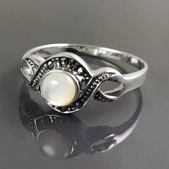 Retro Shell Ring, Sterling Silver, Waves Infinity Art Deco Marcasites Ring, Round Real Mother of Pearl, Antique Retro Inspired Stone Jewelry