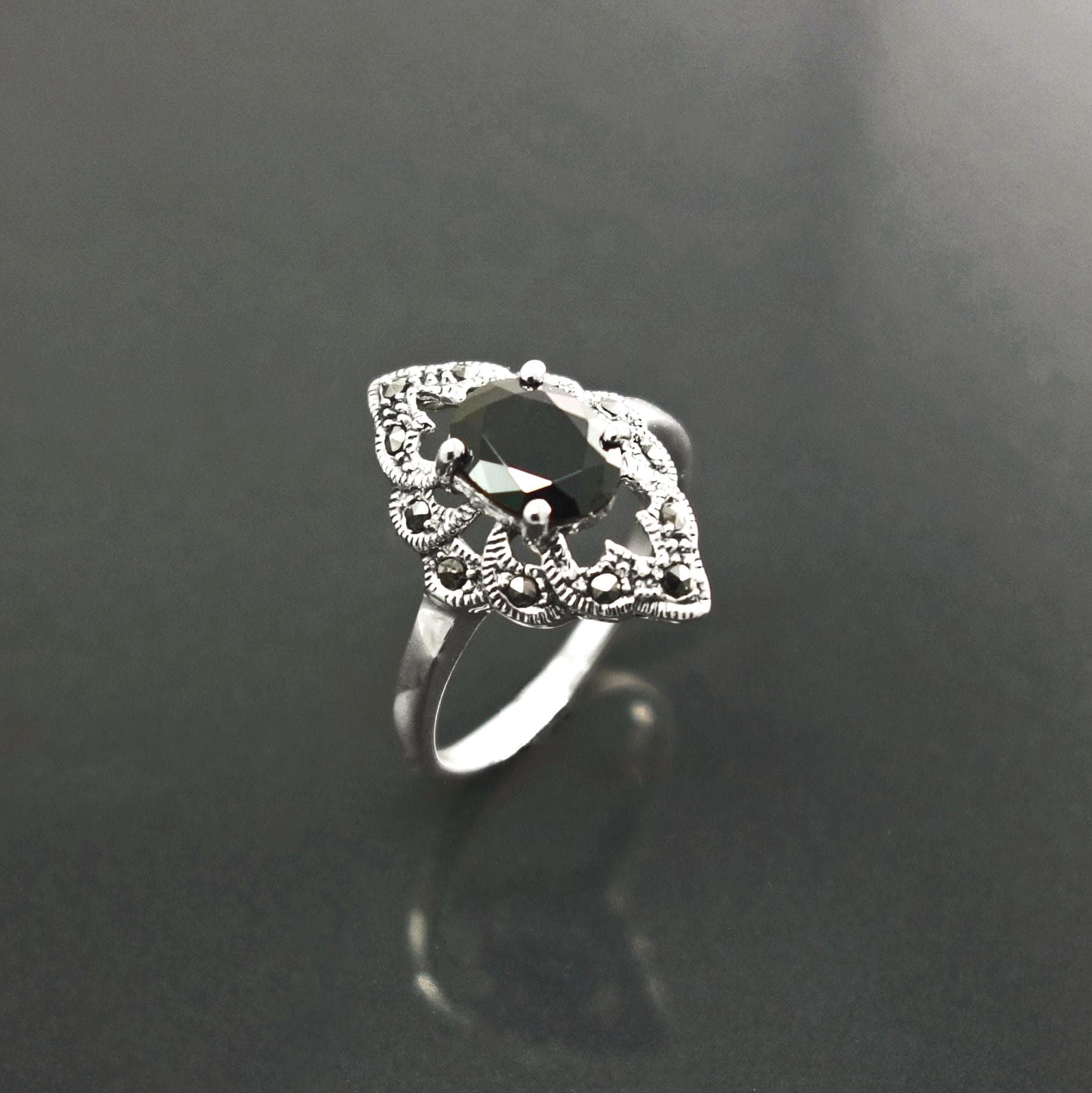 Black Marcasite Ring, Sterling Silver, Vintage Marquise Ring, Lab Black Diamond Simulant (Cz), Retro Stone Jewelry, Antique Women's Gifts