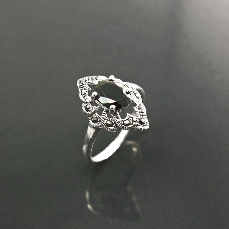 Black Marcasite Ring, Sterling Silver, Vintage Marquise Ring, Lab Black Diamond Simulant (Cz), Retro Stone Jewelry, Antique Women's Gifts