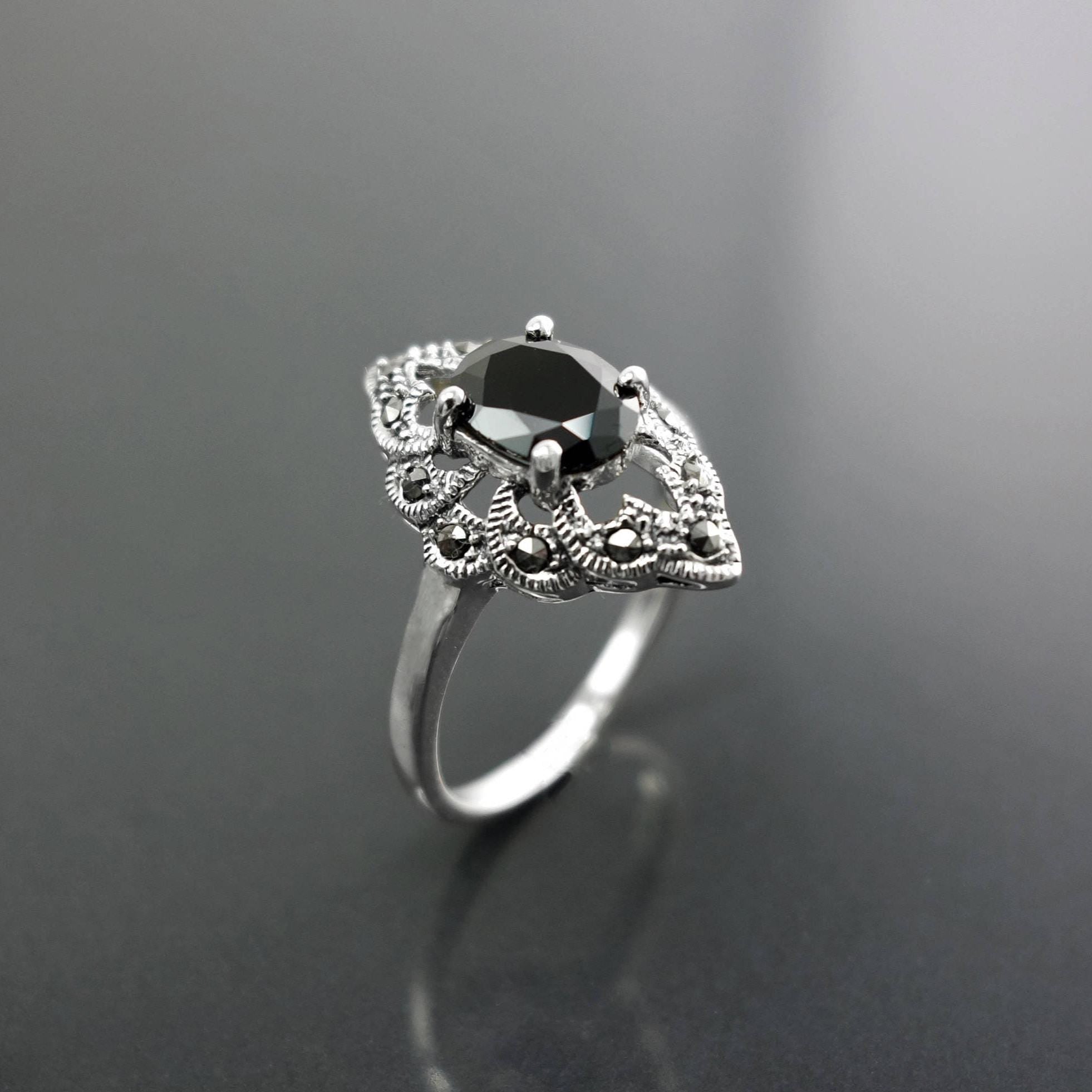 Black Marcasite Ring, Sterling Silver, Vintage Marquise Ring, Lab Black Diamond Simulant (Cz), Retro Stone Jewelry, Antique Women's Gifts