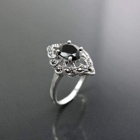 Black Marcasite Ring, Sterling Silver, Vintage Marquise Ring, Lab Black Diamond Simulant (Cz), Retro Stone Jewelry, Antique Women's Gifts