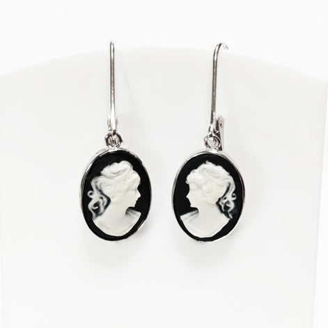 Cameo Earrings, Sterling Silver Black and white oval resin stone, woman face portrait cameo, Vintage Victorian Jewelry, Lever back Earrings