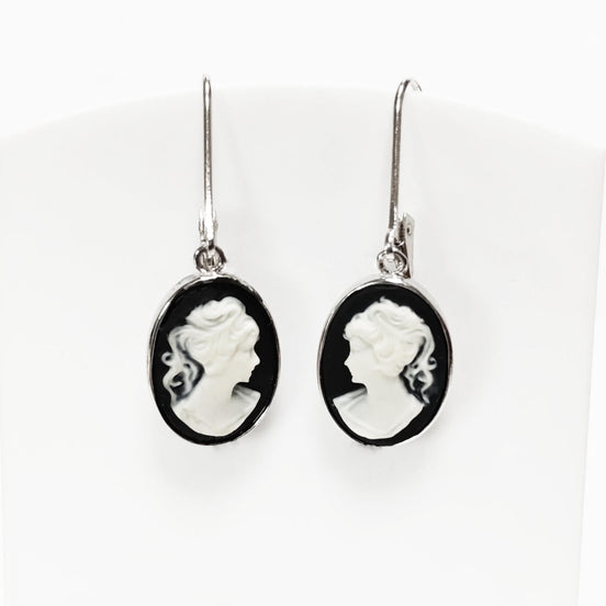 Cameo Earrings, Sterling Silver Black and white oval resin stone, woman face portrait cameo, Vintage Victorian Jewelry, Lever back Earrings