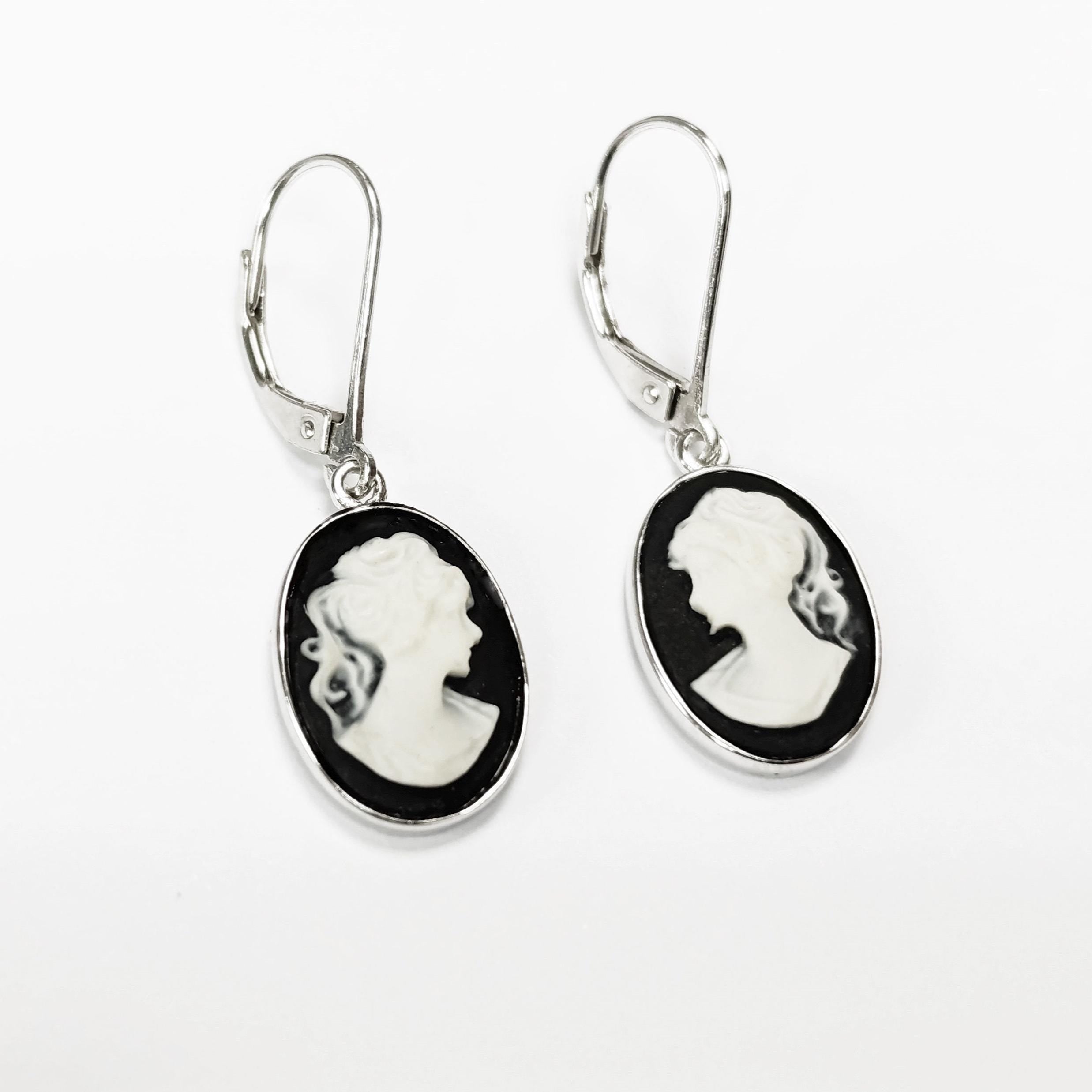Cameo Earrings, Sterling Silver Black and white oval resin stone, woman face portrait cameo, Vintage Victorian Jewelry, Lever back Earrings