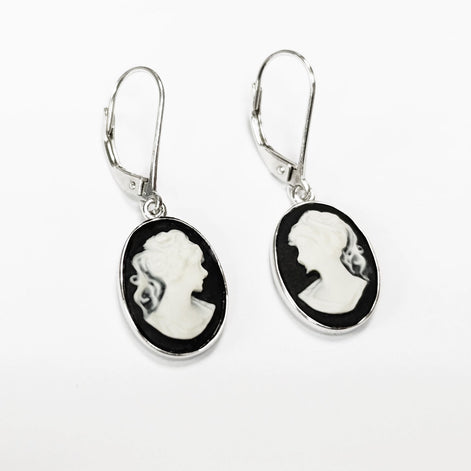 Cameo Earrings, Sterling Silver Black and white oval resin stone, woman face portrait cameo, Vintage Victorian Jewelry, Lever back Earrings