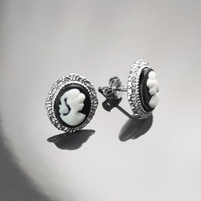 Sterling Silver Cameo Earrings – Vintage Woman Portrait Studs Victorian Jewelry