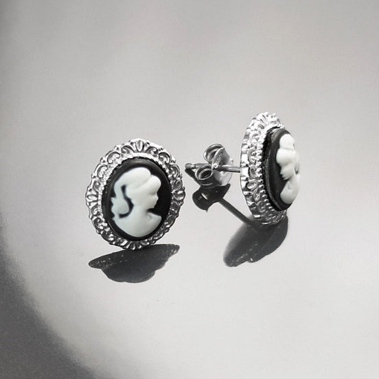 Sterling Silver Cameo Earrings – Vintage Woman Portrait Studs Victorian Jewelry