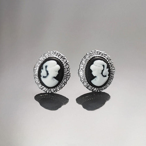 Sterling Silver Cameo Earrings – Vintage Woman Portrait Studs Victorian Jewelry