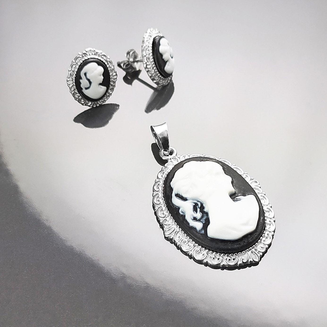 Sterling Silver Cameo Earrings – Vintage Woman Portrait Studs Victorian Jewelry