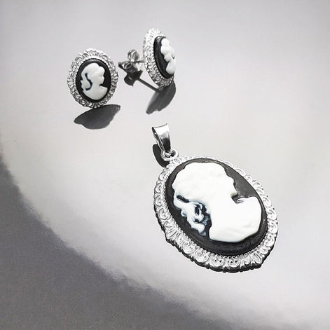 Sterling Silver Cameo Earrings – Vintage Woman Portrait Studs Victorian Jewelry