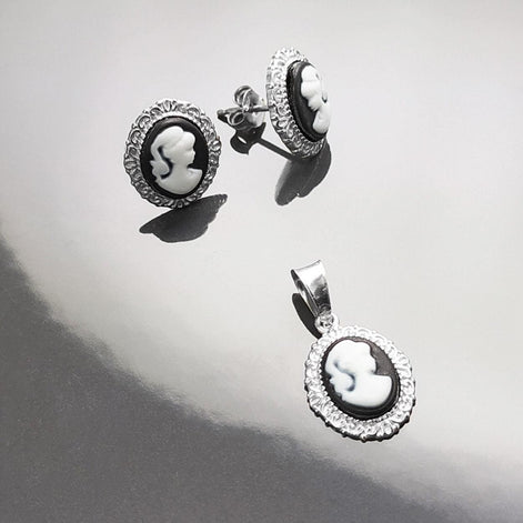 Sterling Silver Cameo Earrings – Vintage Woman Portrait Studs Victorian Jewelry