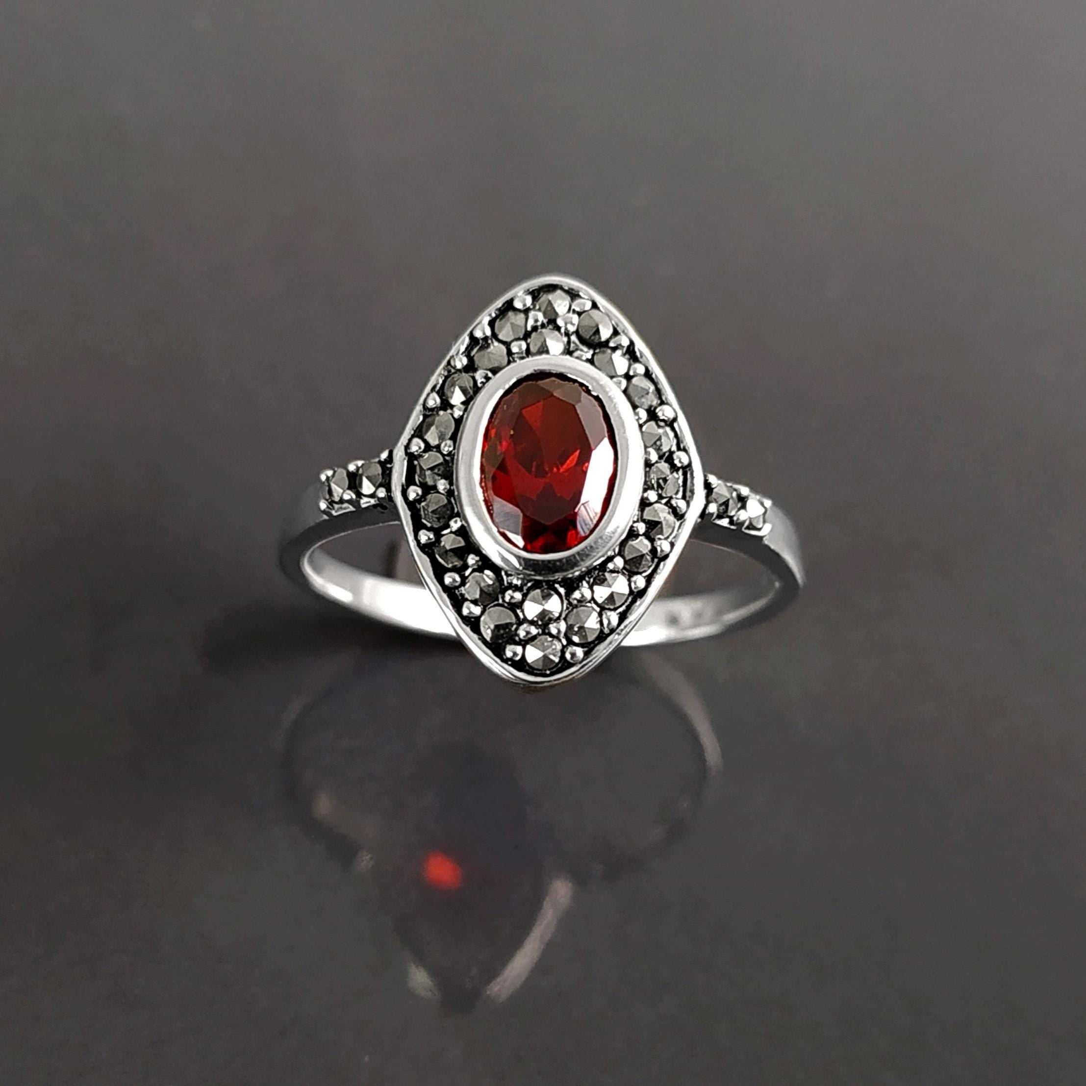 Garnet Marcassite Ring, Sterling Silver, Marquise Ring, Garnet Red Color Stone (Cz), Retro Stone Rings, Antique Jewelry, Women's Gifts