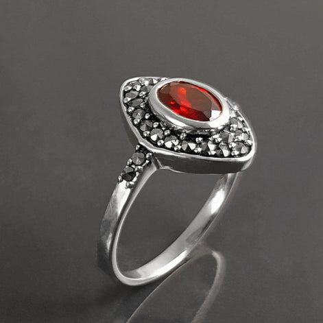 Garnet Marcassite Ring, Sterling Silver, Marquise Ring, Garnet Red Color Stone (Cz), Retro Stone Rings, Antique Jewelry, Women's Gifts