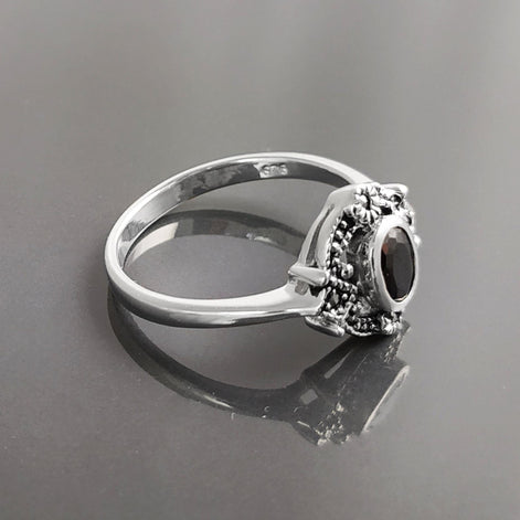Black Antique Ring, Sterling Silver ring with Oval Black Cz Stone and Marcasites Stones, Round Vintage Art-Deco Design Jewelry
