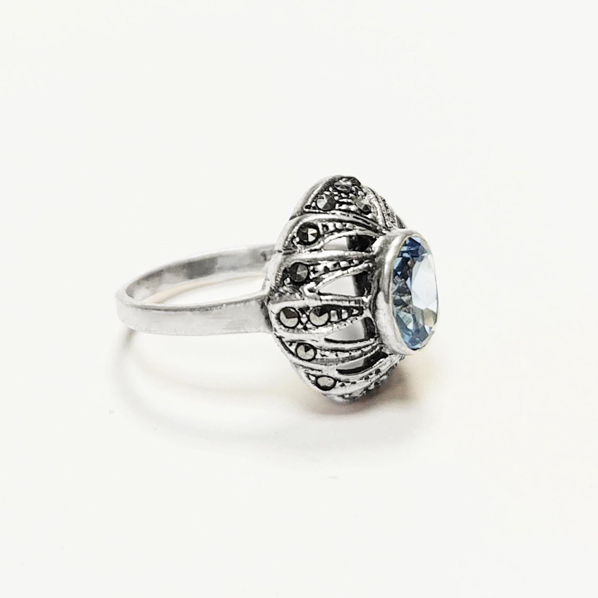 Art Deco Blue Topaz Ring • Sterling Silver • Marcasite & Lab Blue Oval Cz Stone • Vintage Retro Antique Inspired jewelry • Gift for Her