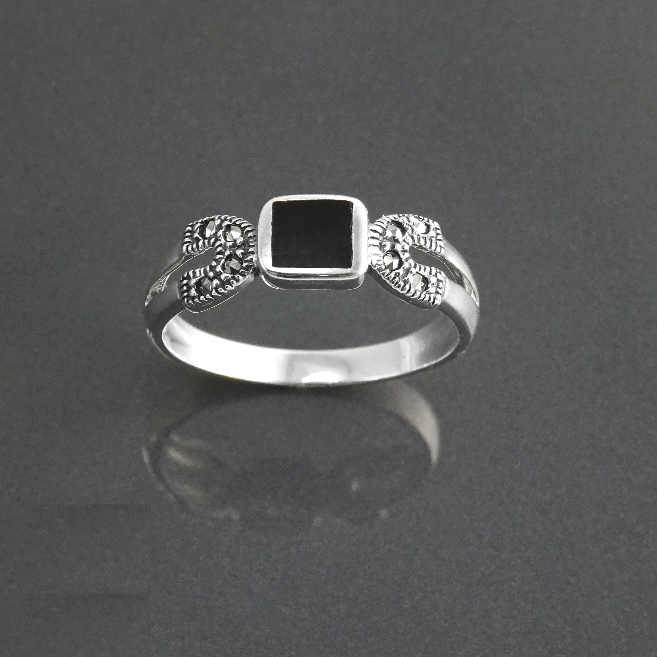 Art Deco Sterling Silver Onyx Marcasite Ring