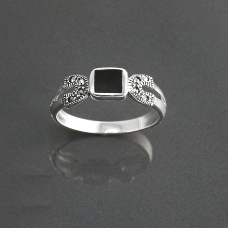 Art Deco Sterling Silver Onyx Marcasite Ring