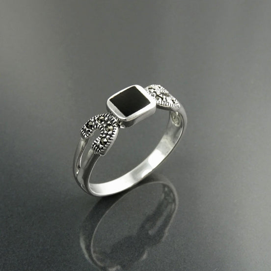 Art Deco Sterling Silver Onyx Marcasite Ring