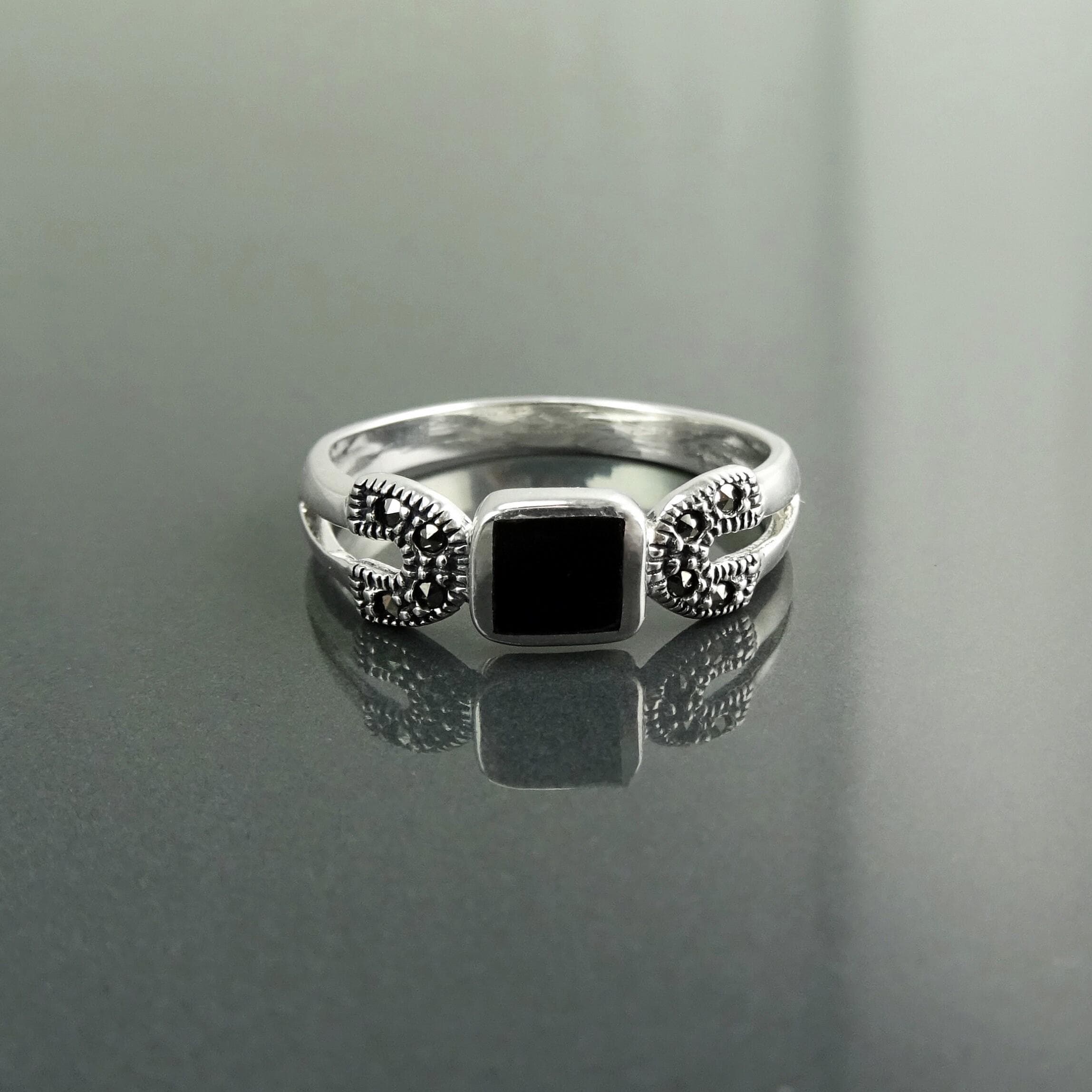 Art Deco Sterling Silver Onyx Marcasite Ring