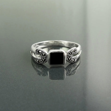 Art Deco Sterling Silver Onyx Marcasite Ring