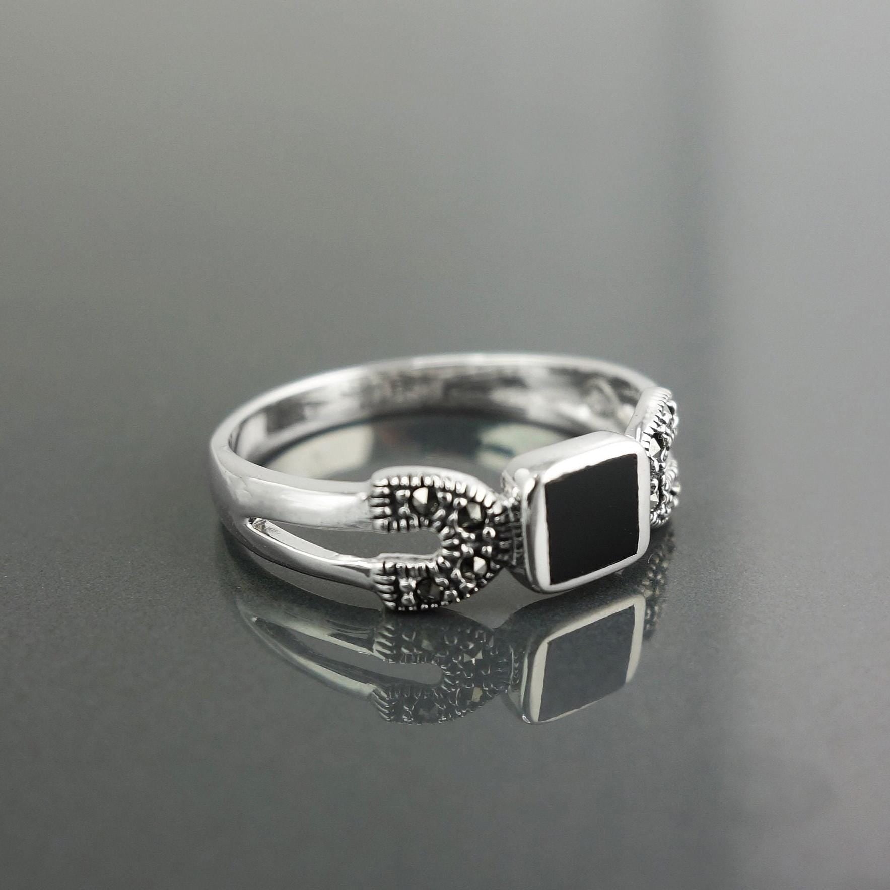 Art Deco Sterling Silver Onyx Marcasite Ring