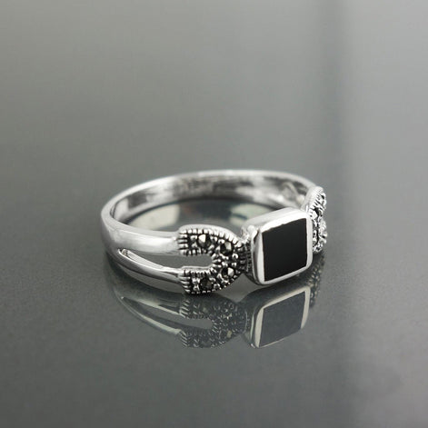Art Deco Sterling Silver Onyx Marcasite Ring